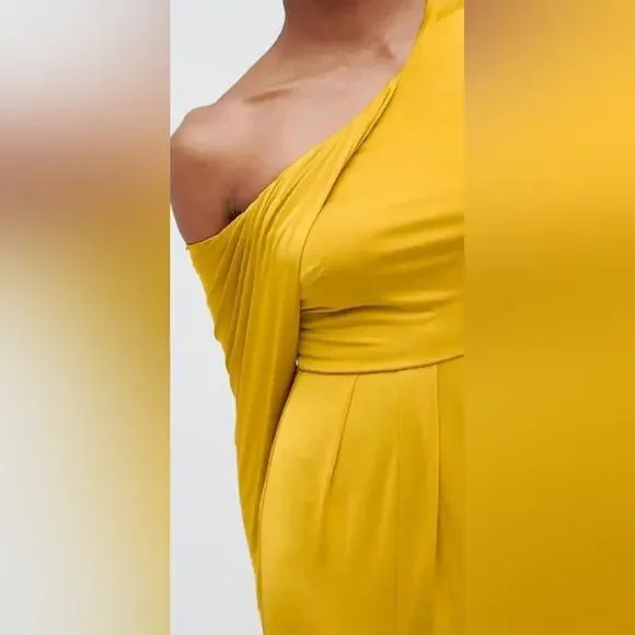 ASOS NEW One Shoulder Long Sleeve Gorgeous Yellow Gold Slinky Asymmetric Dress 2 - Picture 8 of 9